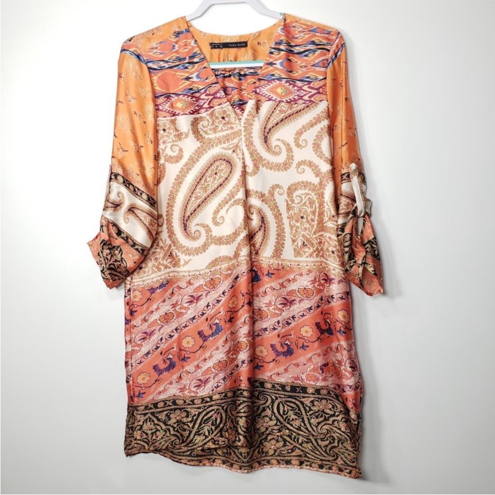 Zara Basic Dress Large L Boho Mini Paisley Print Floral Print Roll Tab Sleeves